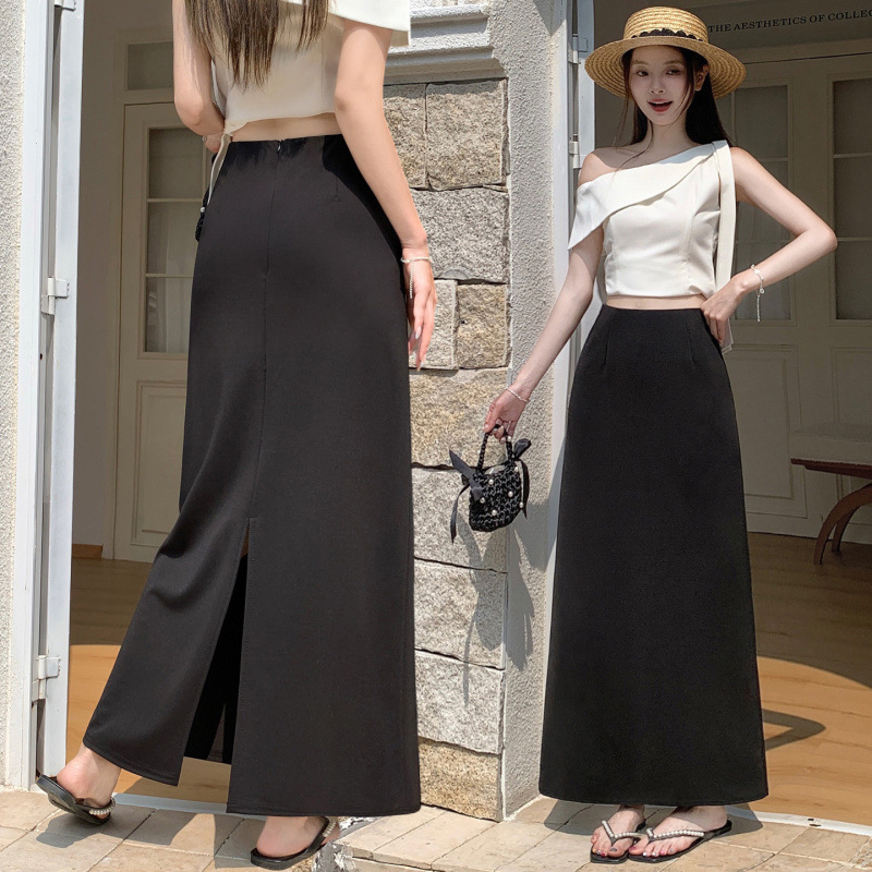Slit Suit Skirt for Women, New Spring/Summer Style, Slimming A-Line, Black, Mid-Length, for Petite Figures