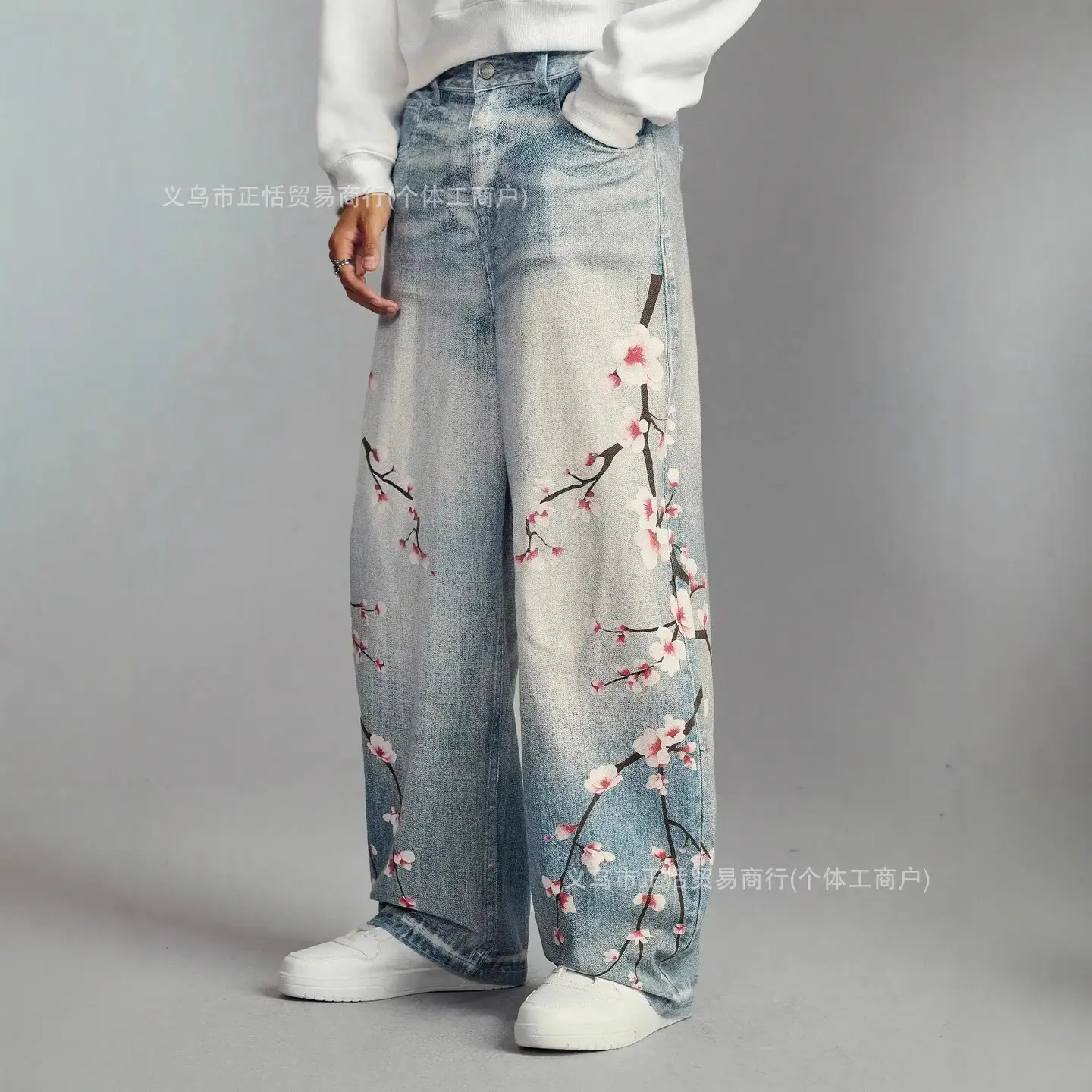 European and American Cross-Border American Retro Personality Street Fashion Printed Casual Trendy Jeans Washed High-Waisted Straight Pants