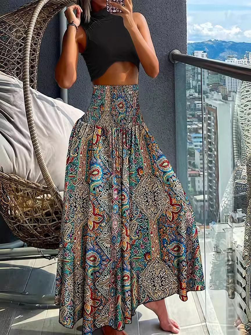 2024 Summer Amazon Cross-border Hot Skirt All-match Retro Thin Beach Skirt Printed Loose Waist