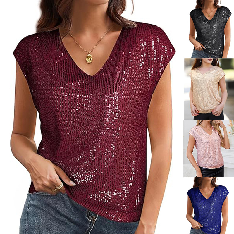 2025 Spring and Autumn New European and American Cross-border Raglan Sleeve Sequin Slim-fit V-neck Solid Color Top T-shirt for Women