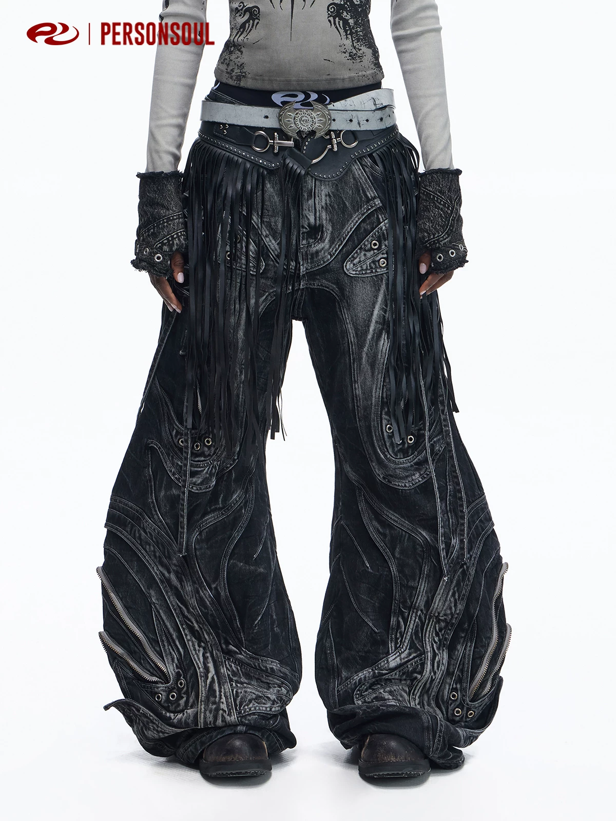 Personsoul* Alien Alienoid Drawstring Adjustable Silhouette Patchwork Jeans Black Alians Jeans