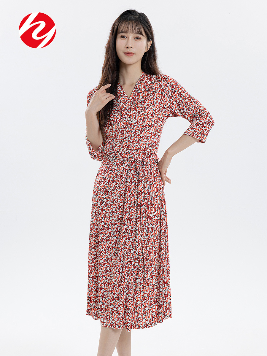 Huaye Silk V-neck dress 2024 Summer New Lace-up Printed Seven-sleeve plus size Mulberry Silk Midi Dress