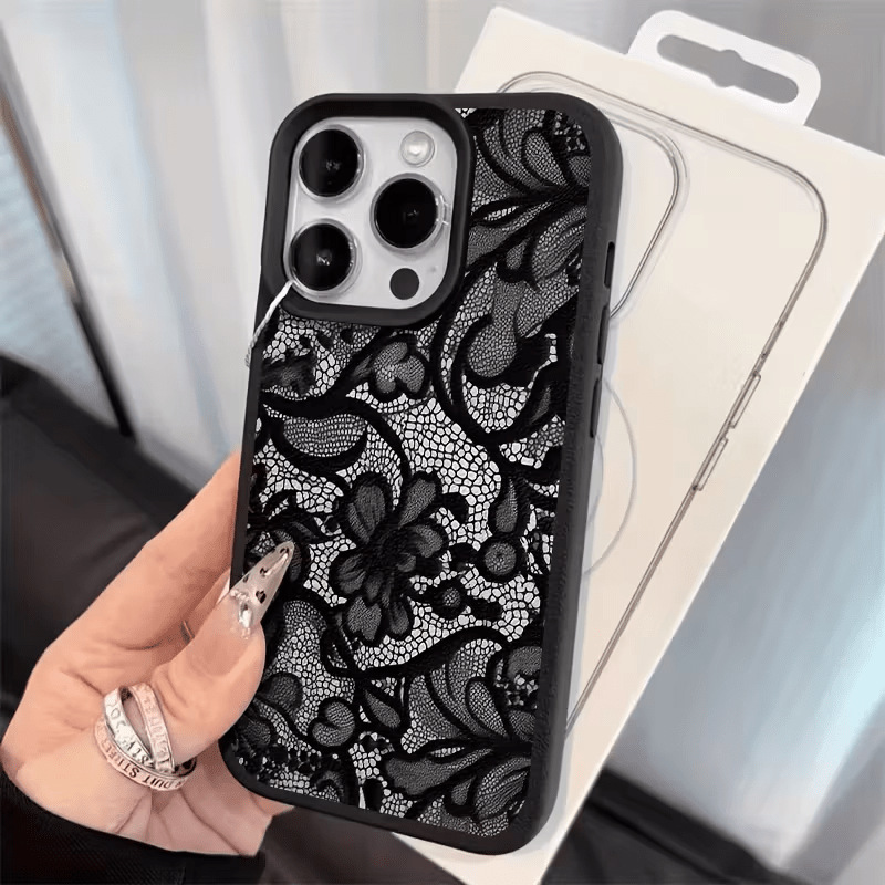 Black Retro Lace Suitable for 17Promax Mobile Phone Case with Imitation Leather Texture 16Plus Large Hole 15Pro Simple 14/13 QC photo from 1688 on Qualit.ly