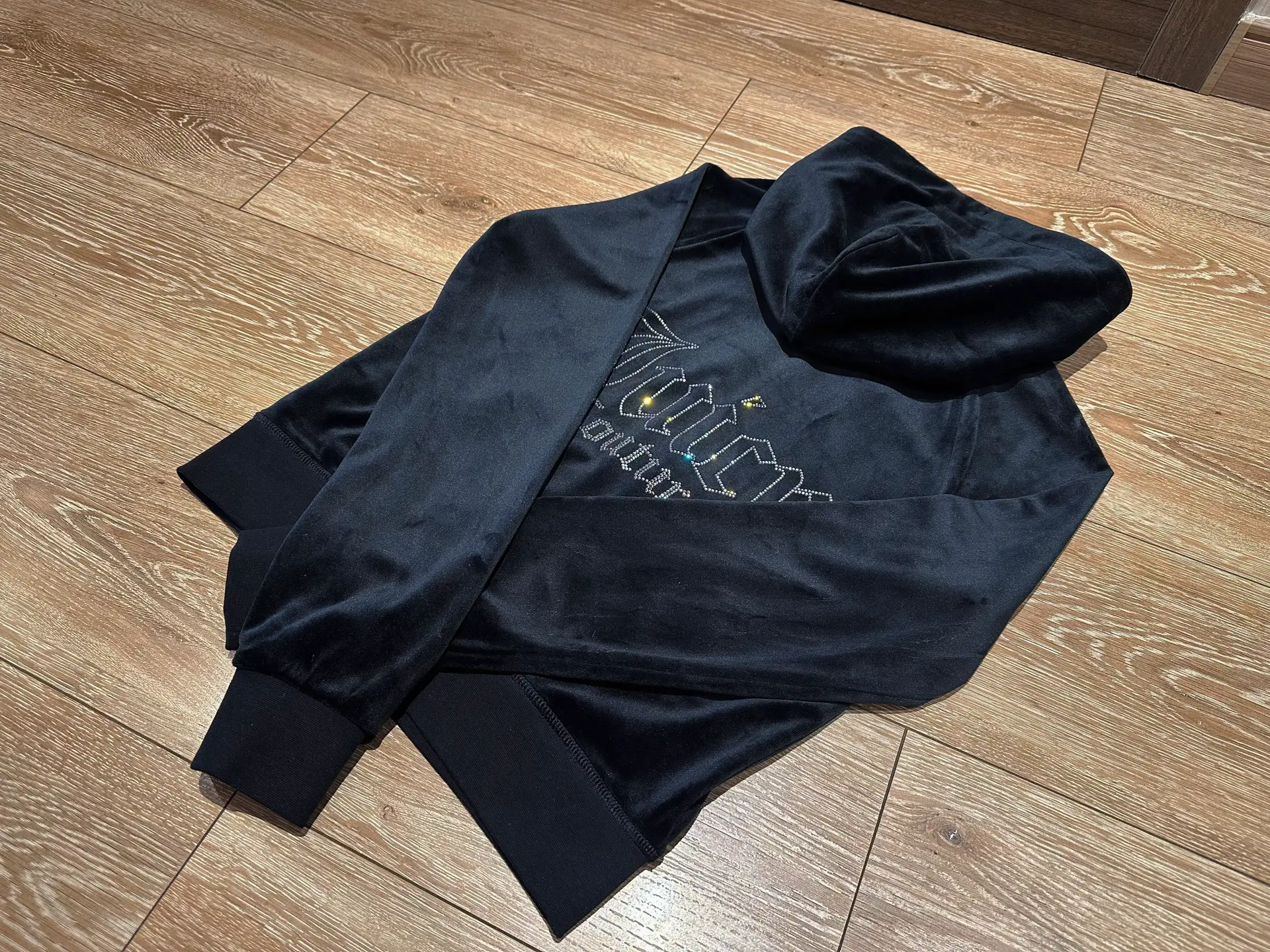 American retro Black Velvet Cut Out Flash Diamond Velvet Zipper Sweatshirt Link Shot Pants