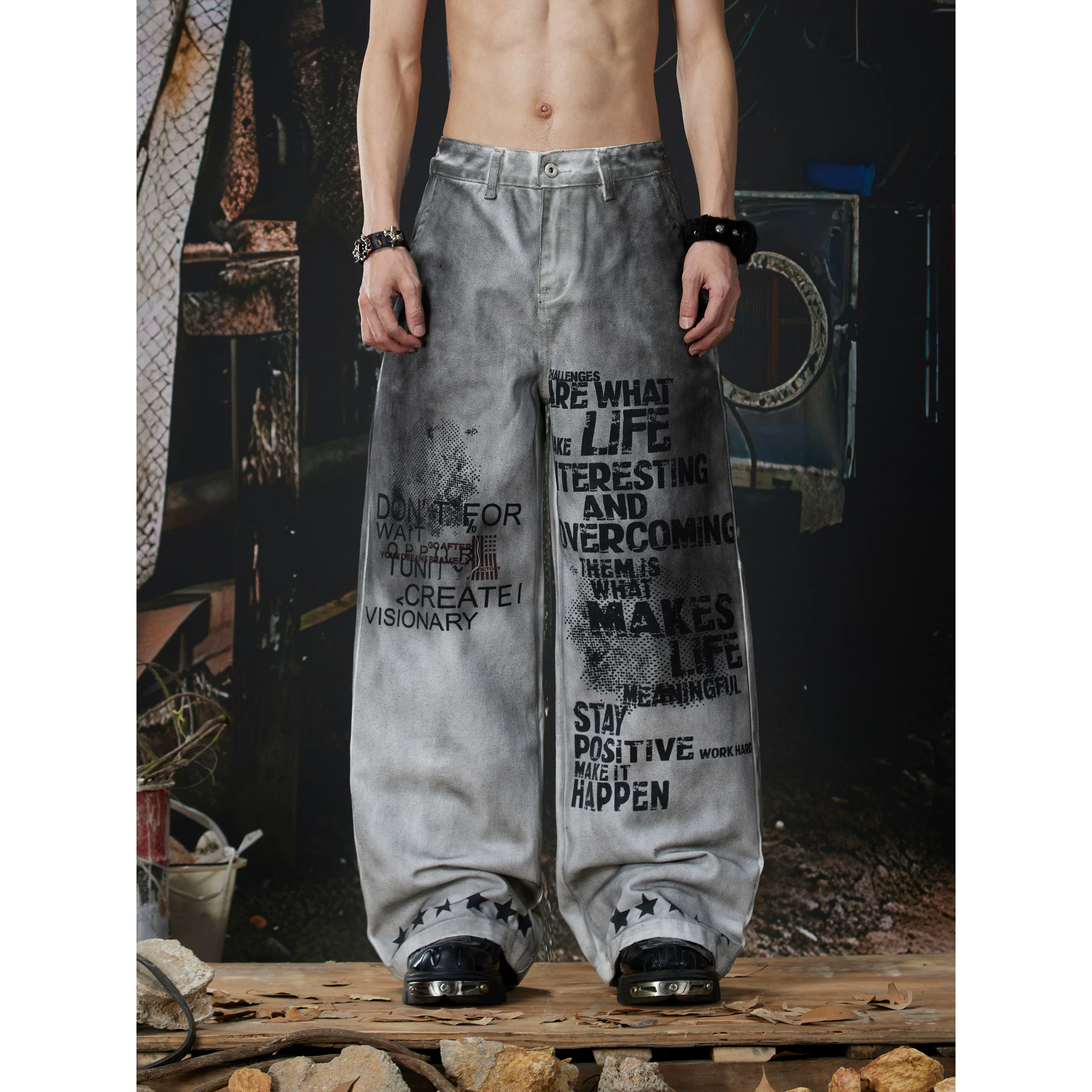 Unmanned Island New Product Light Asia y2k Punk Heavy Industry Spray Printed Dirty Dyeing Loose Straight leg Jeans