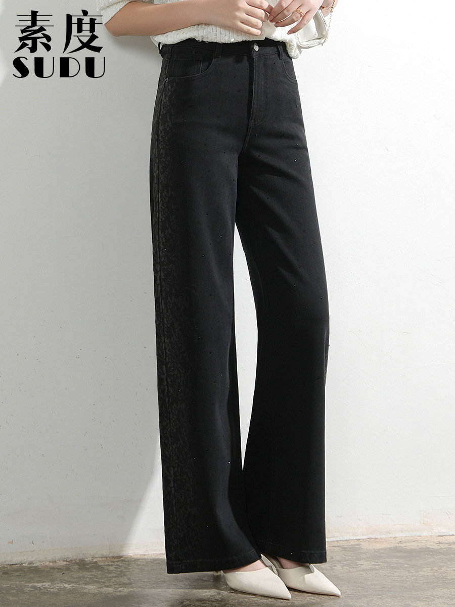 Sudu's New Summer Black Rhinestone-Embellished Jeans for Women, High-Waisted, Slimming, Loose-Fitting, with Floral Design on Both Sides, Wide-Leg Pants