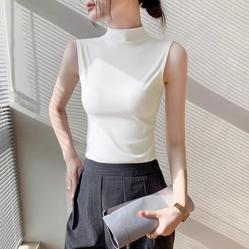 Ready-Made Bottoming Vest for Women's Summer Outer Wear, Slim Half Turtleneck Sleeveless T-Shirt, Pure Cotton Inner Vest, Knitted Vest