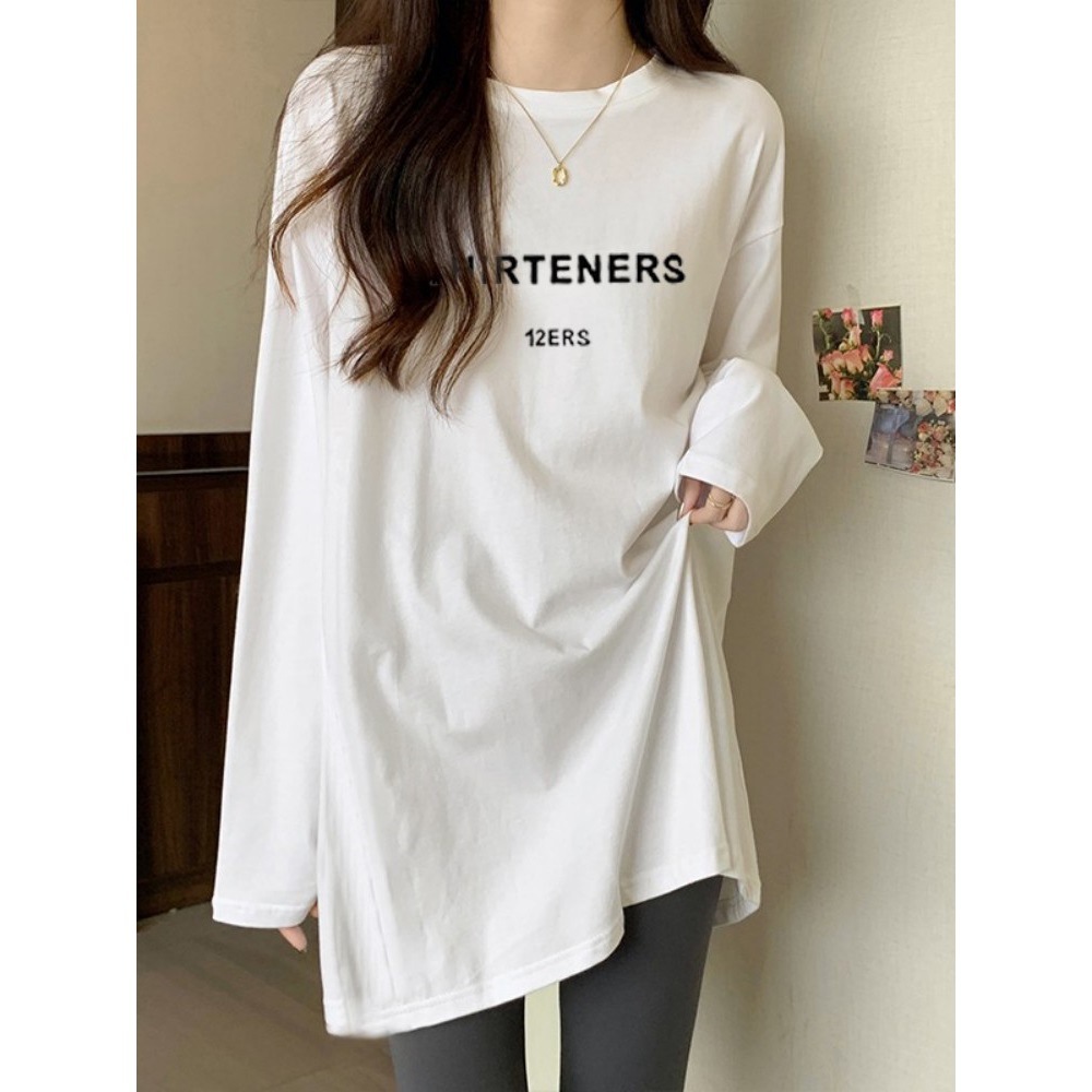 Pure Cotton White Long-sleeved T-shirt Women's Spring and Autumn plus size Loose Mid-length Cover Butt Bottoming Shirt Inner Top Body Blood
