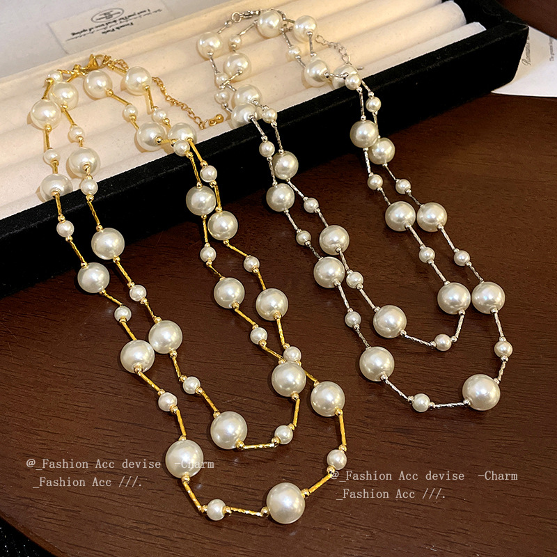 Pleated round artificial glass pearl necklace women autumn and winter fashion all-match sweater chain retro light luxury jewelry wholesale