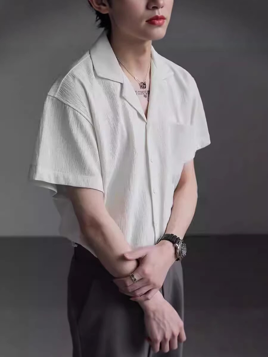 Pleated Cuban Collar Short-Sleeved Shirt for Men 2026 Summer Solid Color Loose Retro Shirt Casual High-End Shirt Trend