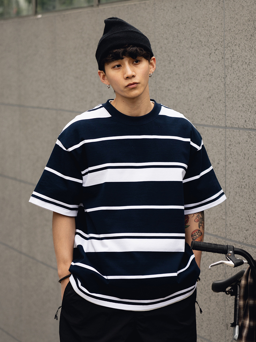 Trs Japanese Trend Series | 26Ss Custom-Woven 310g Double Yarn Round Neck Striped Short-Sleeve Loose Fit Drop Shoulder Five-Quarter Sleeve T-Shirt for Men.