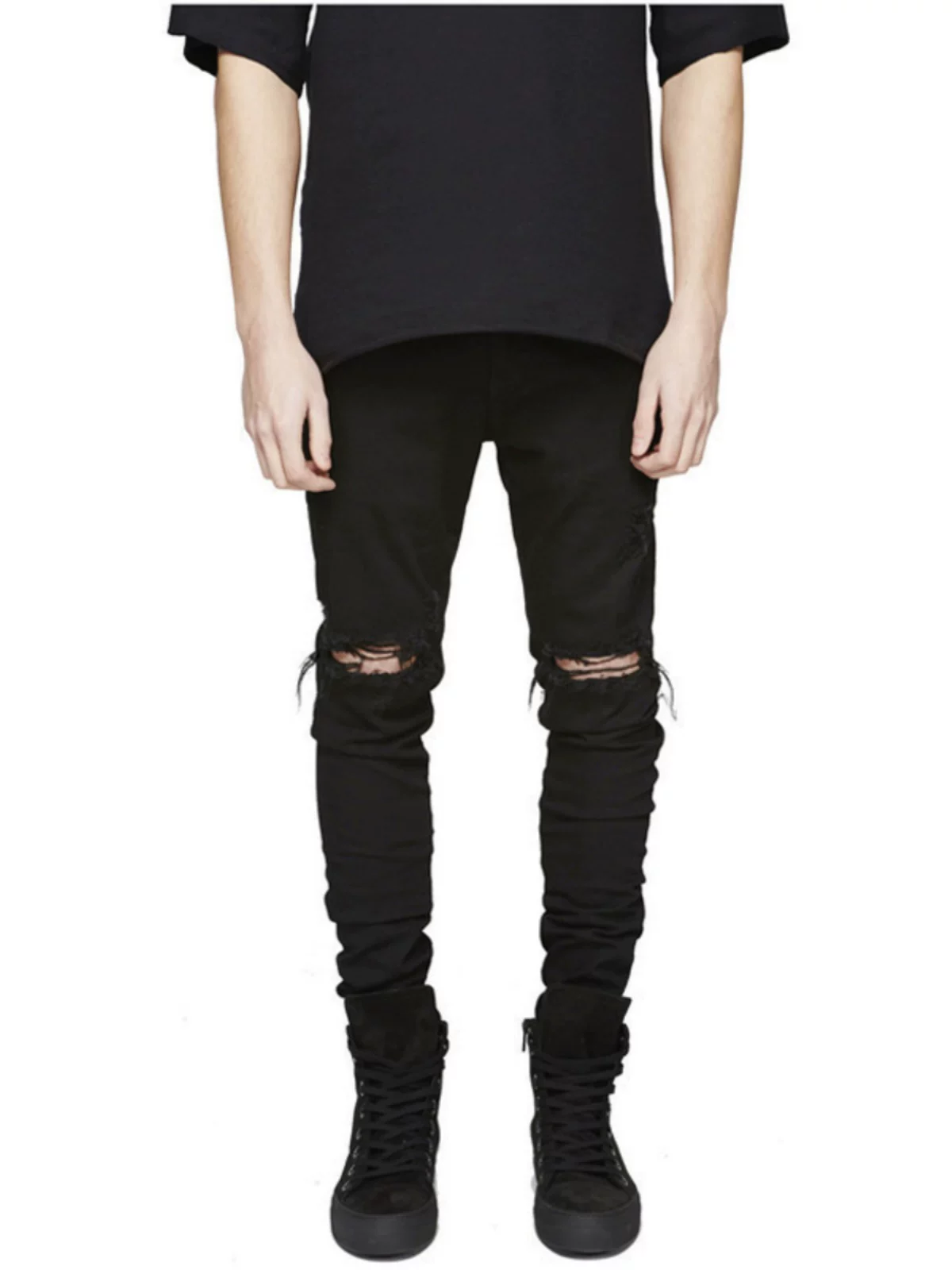 Spring and Summer Trendy High Street Fog Ripped Knee Jeans Slim Fit Men's Casual Versatile Stretch Skinny Pants Black