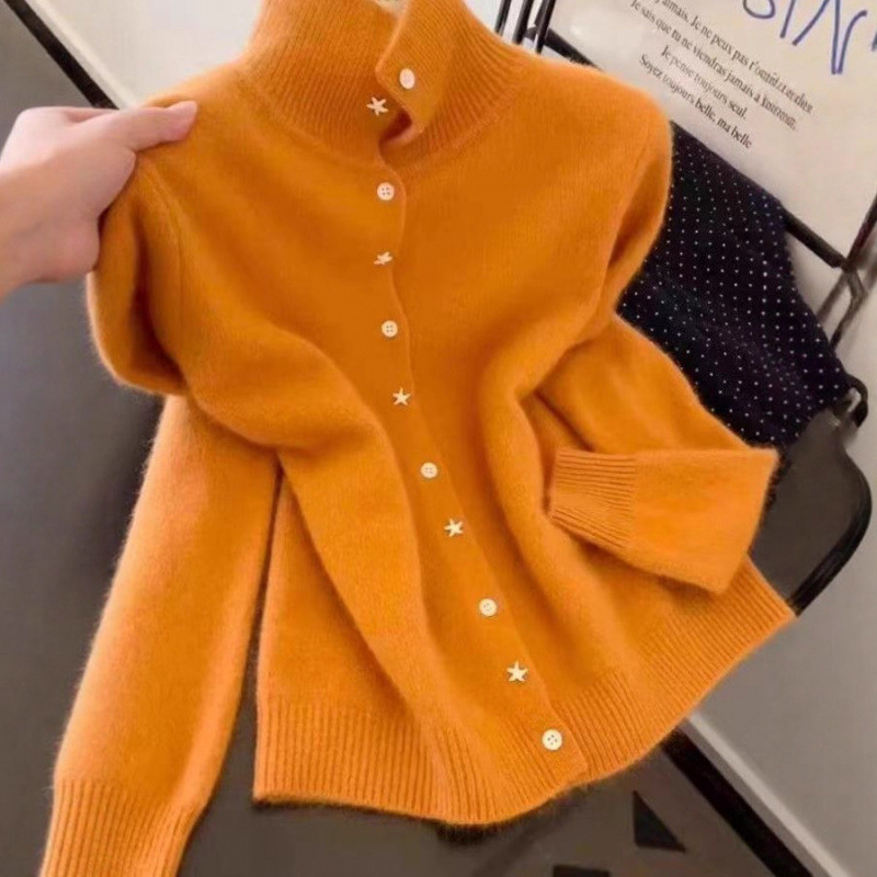 Kaning Orange Stand-Up Collar Star Button Knit Cardigan for Women 2026 Spring New Style High-End Soft and Smooth Stand-Up Collar Sweater