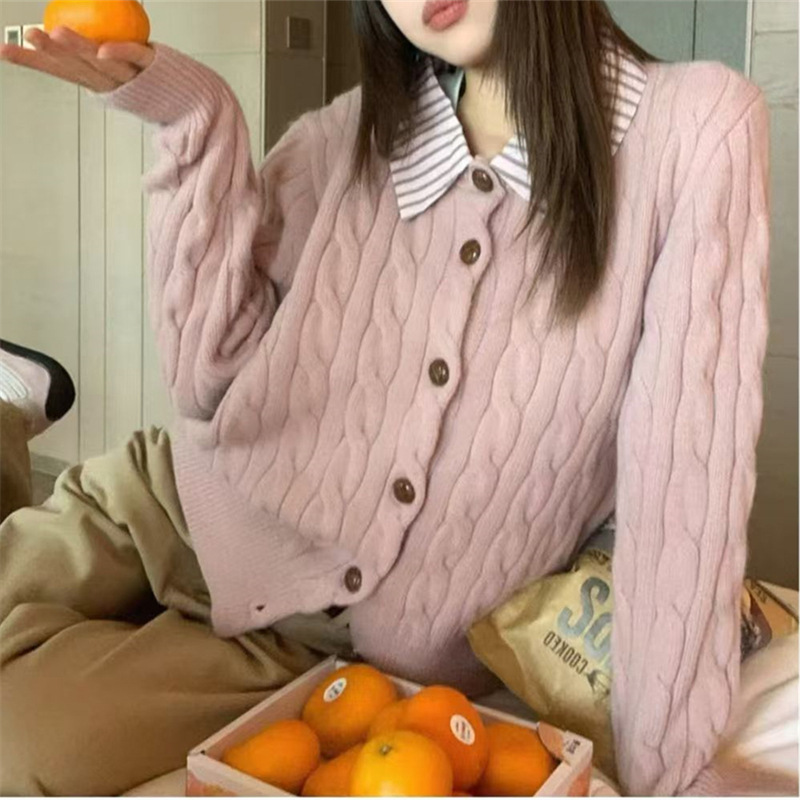 Kaning Patchwork Collar Faux Two-Piece Knitted Cardigan 2026 Autumn and Winter New Soft Retro Twist Sweater Coat for Women
