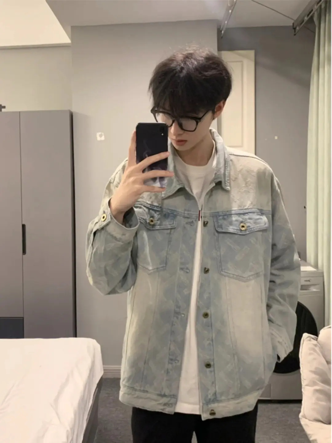 light blue Denim Jacket Men's Spring and Autumn American Style High Street Work Jacket High-grade Sense Youth Lapel Denim Jacket