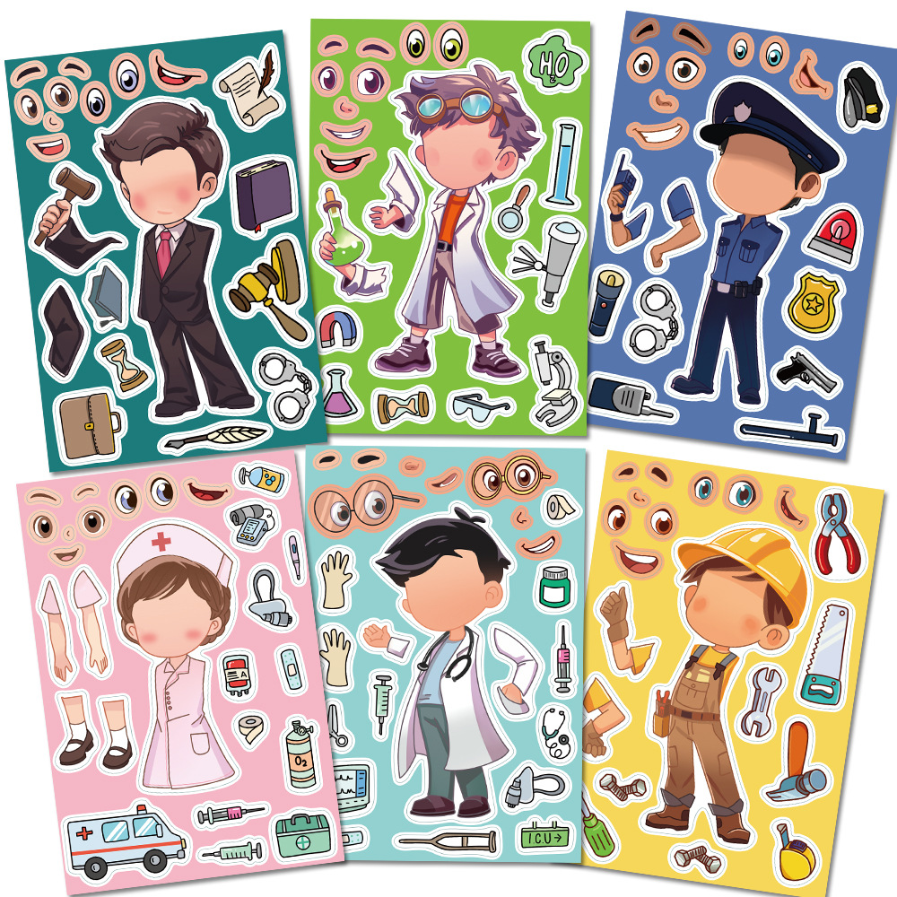 8 pieces toy puzzle stickers cartoon professional figure Make a face puzzle stickers DIY handicraft waterproof