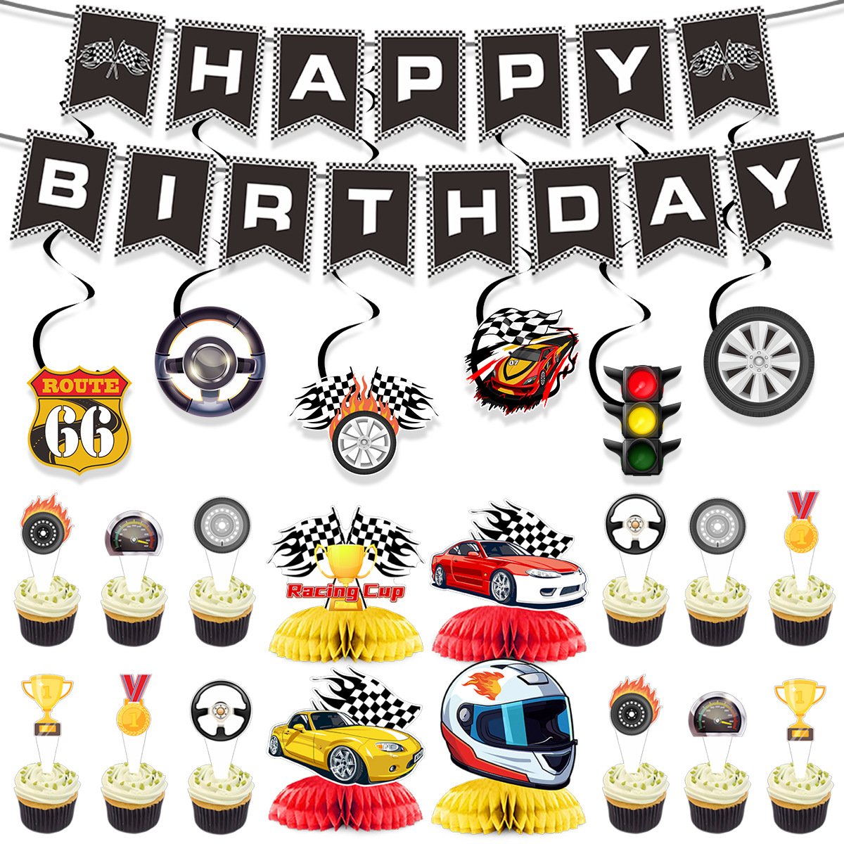 Cross-border F1 motorsport birthday party decoration racing flag spiral honeycomb ball ornaments suit wholesale customization