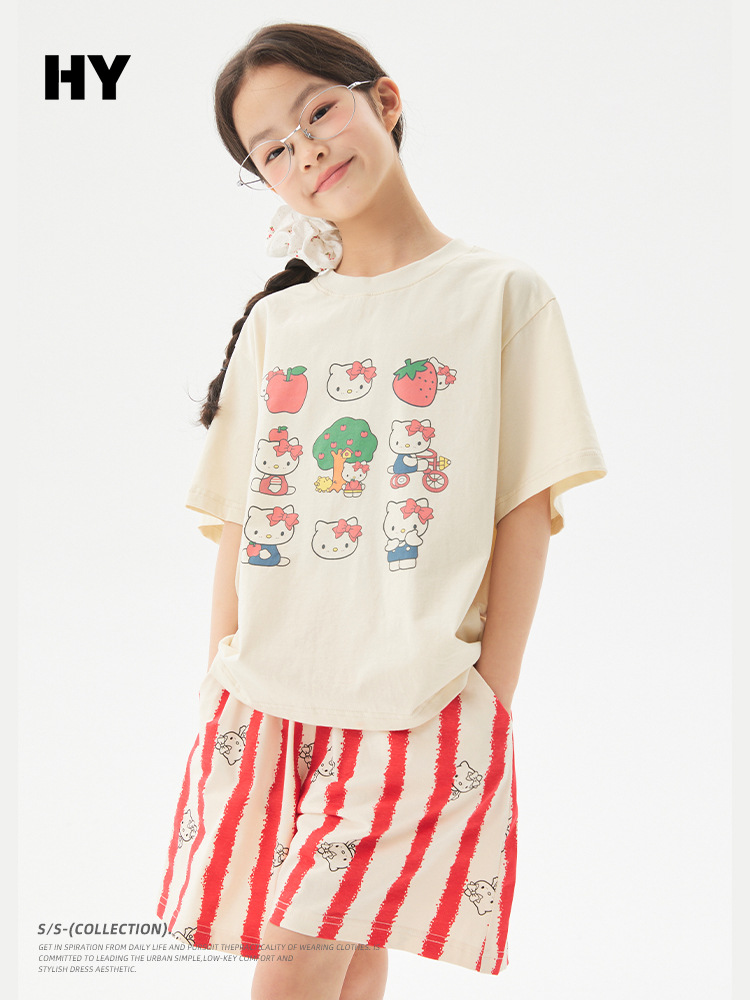 Girls' Cartoon Striped Outfit 2026 Summer New Korean Style Casual Children's Clothing for Older Kids, Lightweight Two-Piece Set