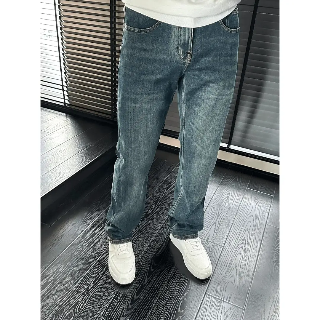 2025 Spring High Quality American Washed Blue Wide Leg Straight-leg Denim Men Loose Accessible Luxury Minimalist Long Pants