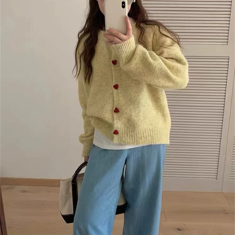 Autumn and Winter New Style Mauhair South Korea Love Buckle Knitted Cardigan Coat Lazy Style Gentle Sweet Sweater Women's Top