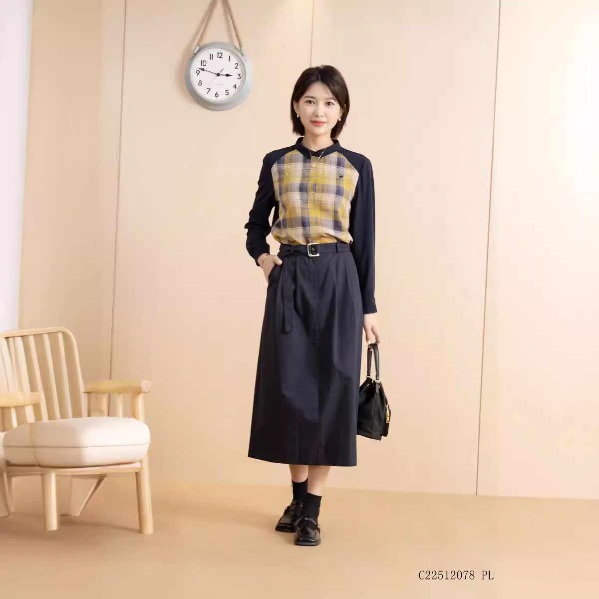 YUN YUN Spring Women's Plaid Shirt Women's Casual Girl's Shirt Dark Placket Color-matching Knitted Long-sleeved Top