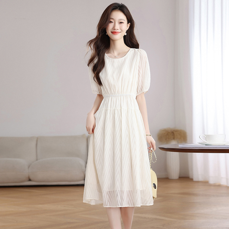 2025 New Summer Style Round Neck Gentle Style Chiffon Long Skirt French Style Waist Slimming Look Elegant Dress Women's Clothing