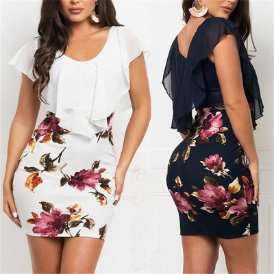 2023 New Amazon Ebaywish European and American Explosions Fake Two-piece Printed Slim-fit Casual Dress Women's Clothing