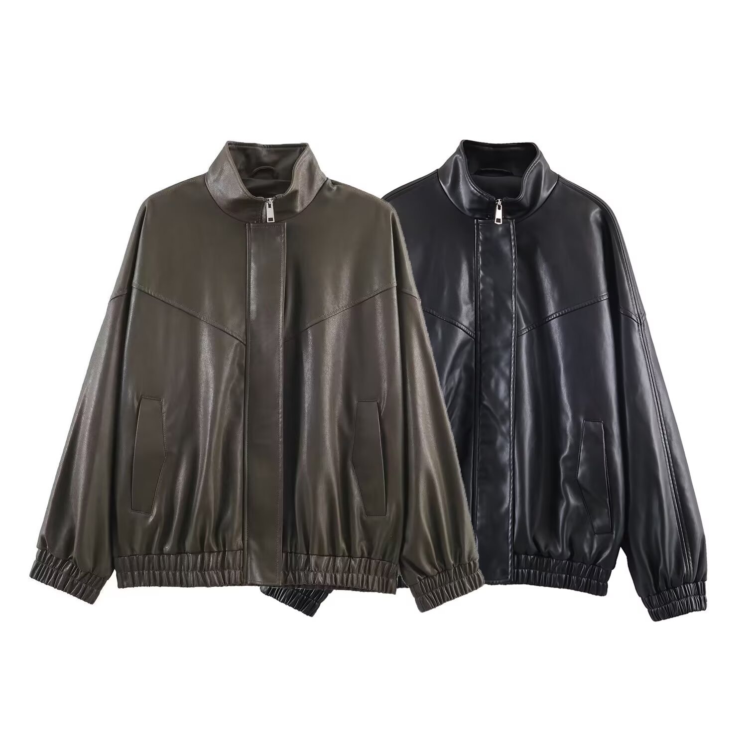 Foreign Trade Wholesale Autum New European and American Style Stand-Up Collar Imitation Leather Bomber Jacket 3046027