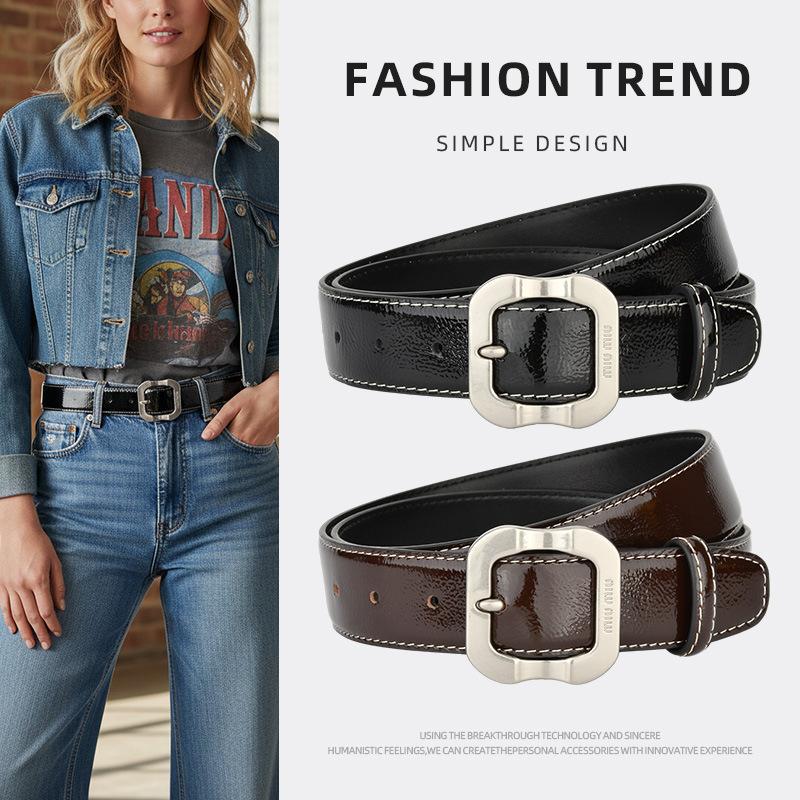 Vintage Square Buckle Genuine Leather Belt for Women with Visible Stitching, Fashionable and Versatile, Suitable for Dresses and Shorts, Decorative Belt, Unique Waist Belt