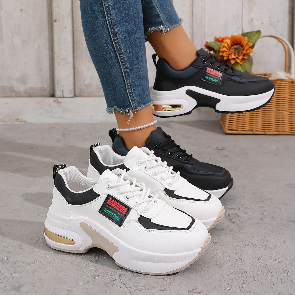 Cross-Border Large Size Thick-Soled Wedge Fashion Sneakers for Women, Lace-Up Sports Style Color-Blocking Height-Increasing Dad Shoes for Export