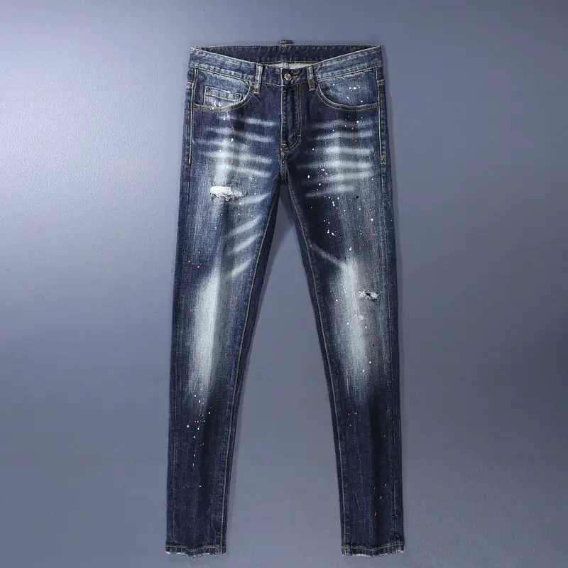 European and American Street Fashion Men's Jeans Retro Distressed Washed Paint Printed Trendy Brand Stretch Slim Fit Pants