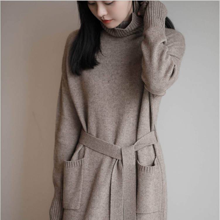 Loose Elegant Waist Lace-Up Knitted Dress 2025 Autumn and Winter New High Collar Long Knitted Pure Color Sweater for Women