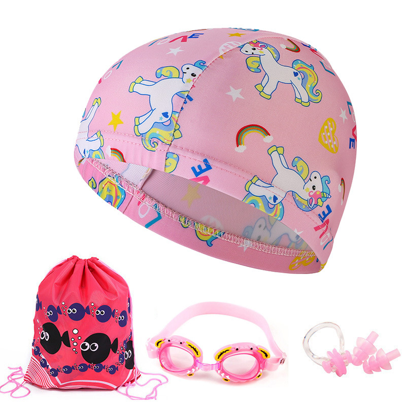 Children's swimming goggles suit cartoon fish waterproof anti-fog lens boys and girls swimming eye equipment four-piece set
