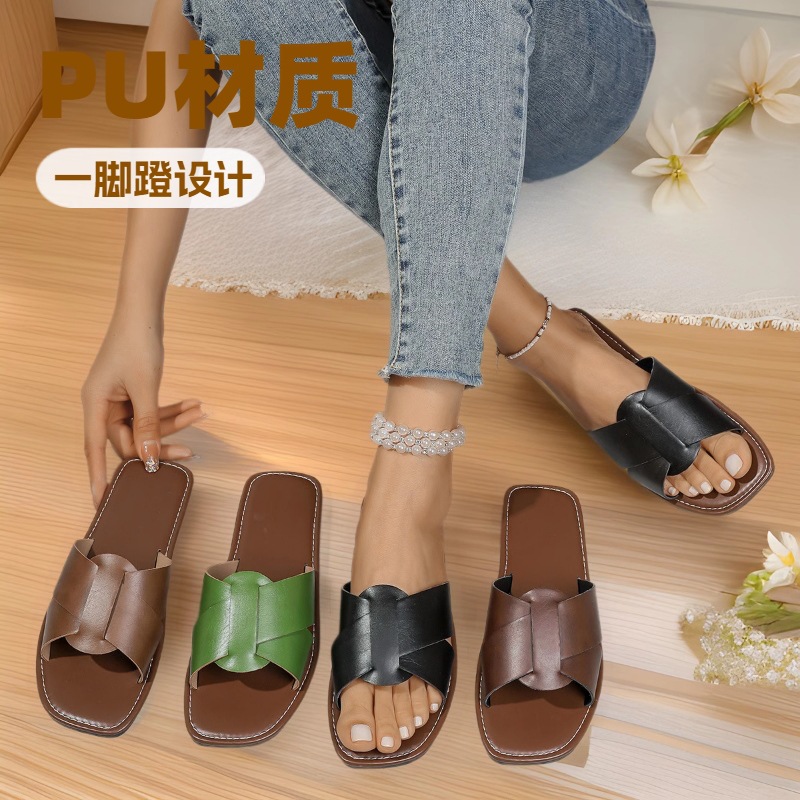European and American Export Retro Style Flats Slippers for Women 2025 New Cross-Border Large Size One-Line Cross Square Toe Pure Color Slippers