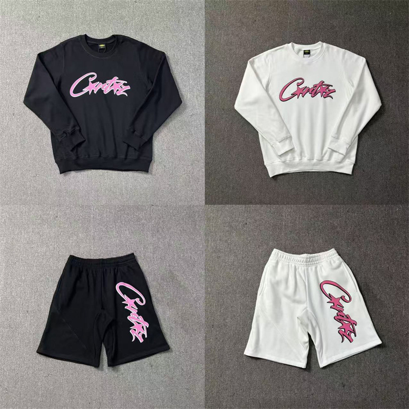 Corteiz Alcatraz New Pink Letter Printed fleece-lined Crewneck Sweat Men's and Women's Sports Casual suit Ins