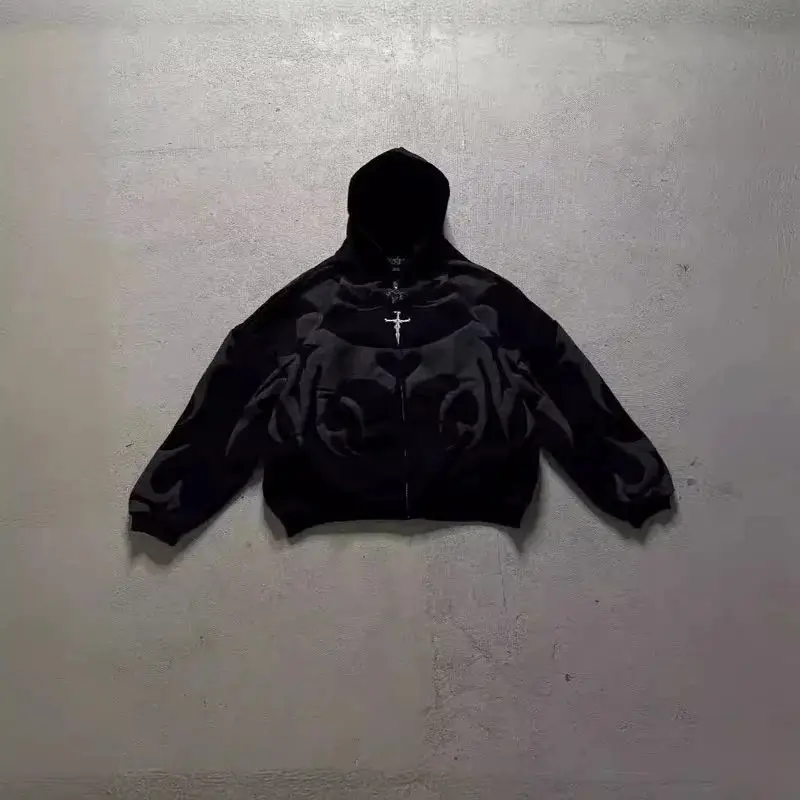 American spring new foam printing street dark Harajuku men and women with the same loose zipper sweater