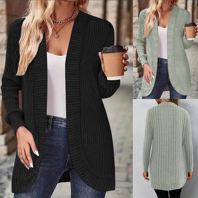 Amazon cross-border foreign trade spring and autumn new solid color pit casual fashion knitted long sleeve cardigan coat women