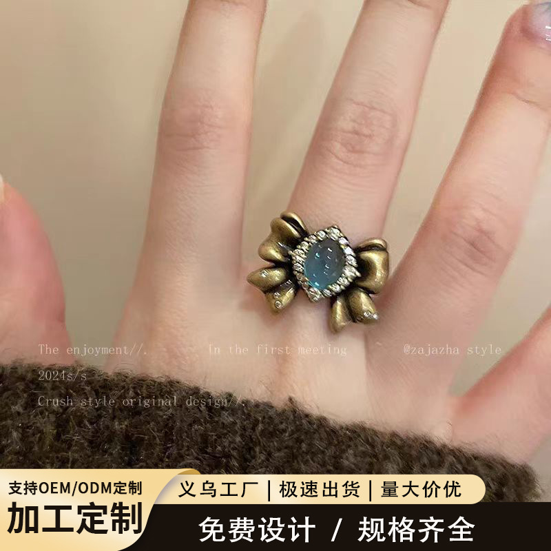 Custom-Made Vintage-Style Princess Bowknot Ring for Women with a High-End Feel, Inlaid with Diamonds, Open-Ended Index Finger Ring