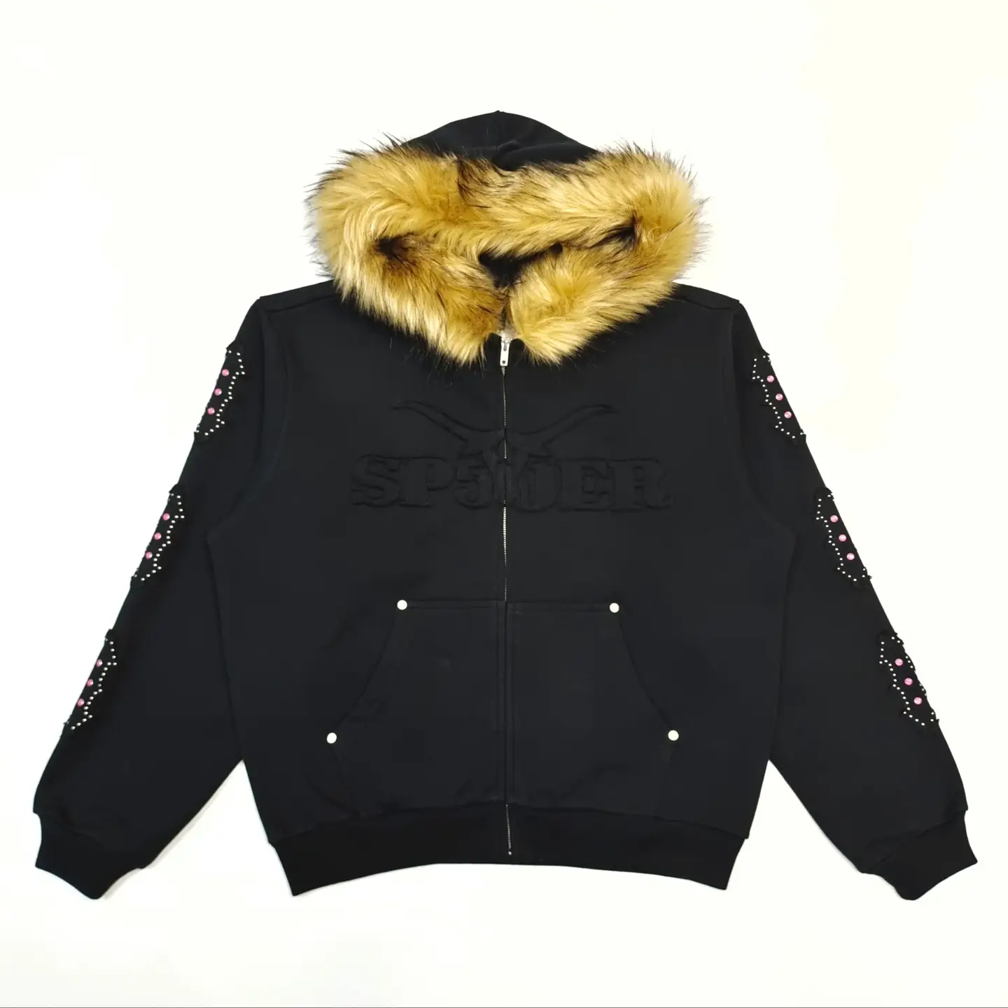 Sp5Der Fur Collar Sweatshirt Hoodie High Street Casual Zipper Cardigan