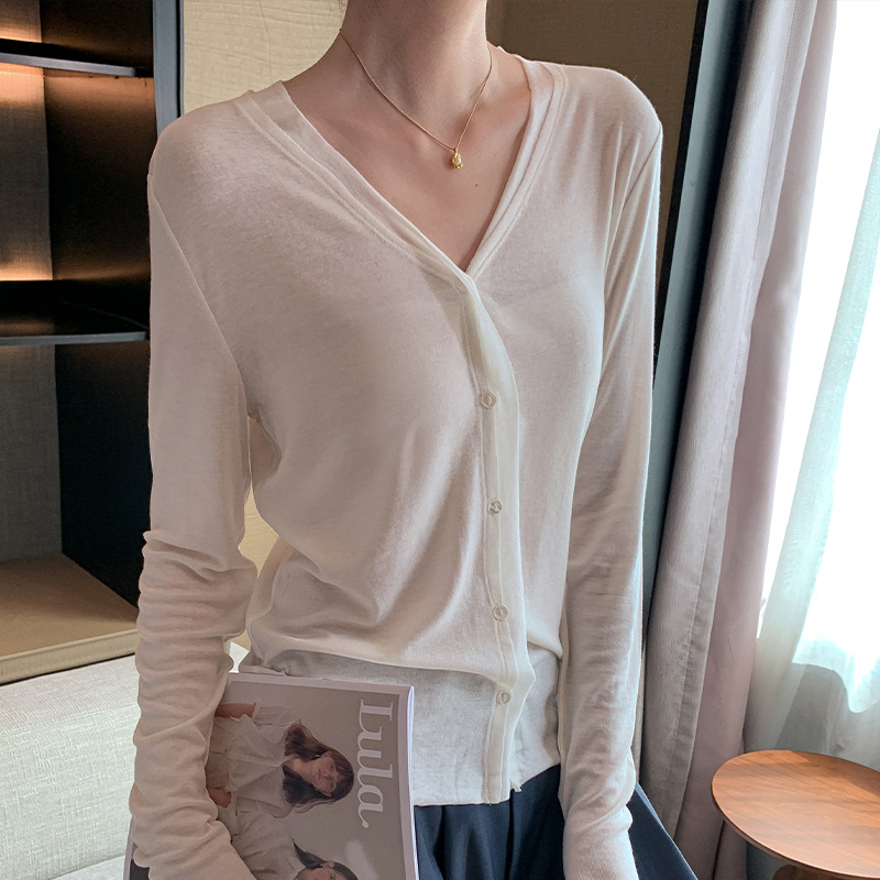Spring and Summer New Style Lyocell Tencel Wool Cashmere Blend V-Neck Knitted Base Shirt for Women Versatile Thin Cardigan for Women