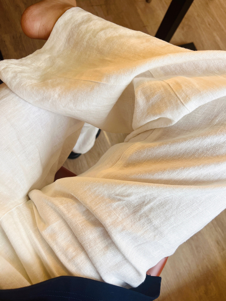 New rewash water sand wash 100% pure linen trousers old money minimax style trousers waist straight tube wide leg pants 5500