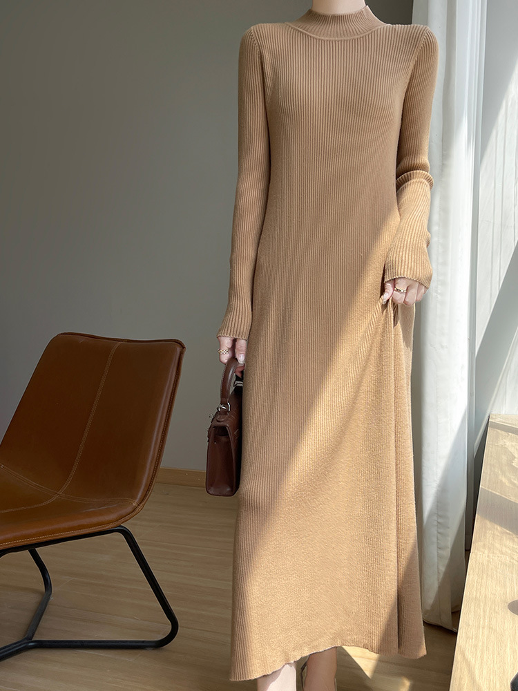 Autumn and Winter New Long Sweater Dress Knitted Thick Over-the-Knee Base Skirt Half-High Neck Inner dress Cover Meat