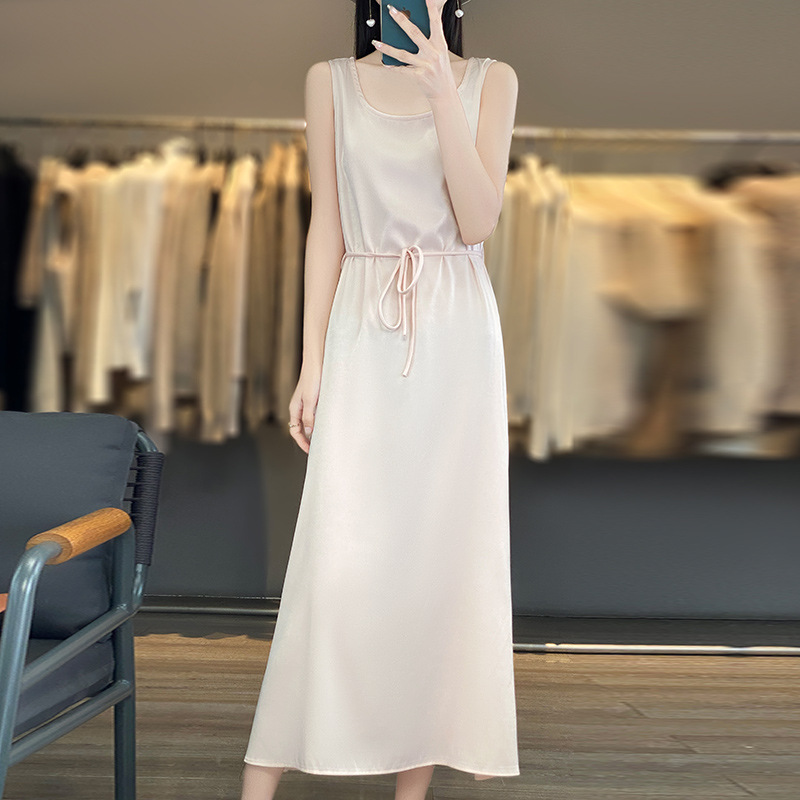 Sleeveless Vest dress Women's Summer High-end Elegant Socialite Acetate Satin Goddess Style Slip Skirt Slim Look Skirt