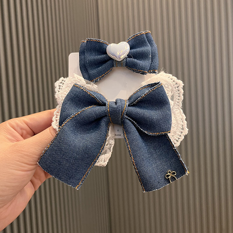 Girl's Cute Denim Blue Bow Lace Headwear High-end Girl's Hair Accessory Top Clip Stylish Children's Hair Clip