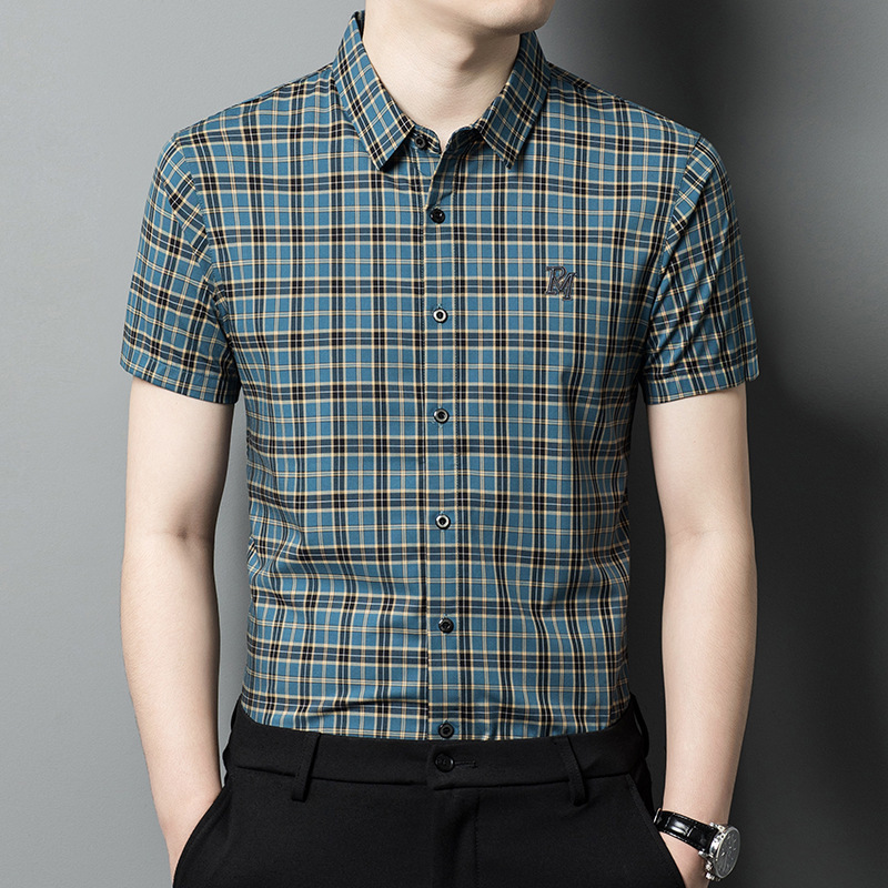 High-grade Non-ironing Plaid Short-sleeved Shirt Men's 2025 Summer New Business Casual Printed Ice Silk Men's Shirt