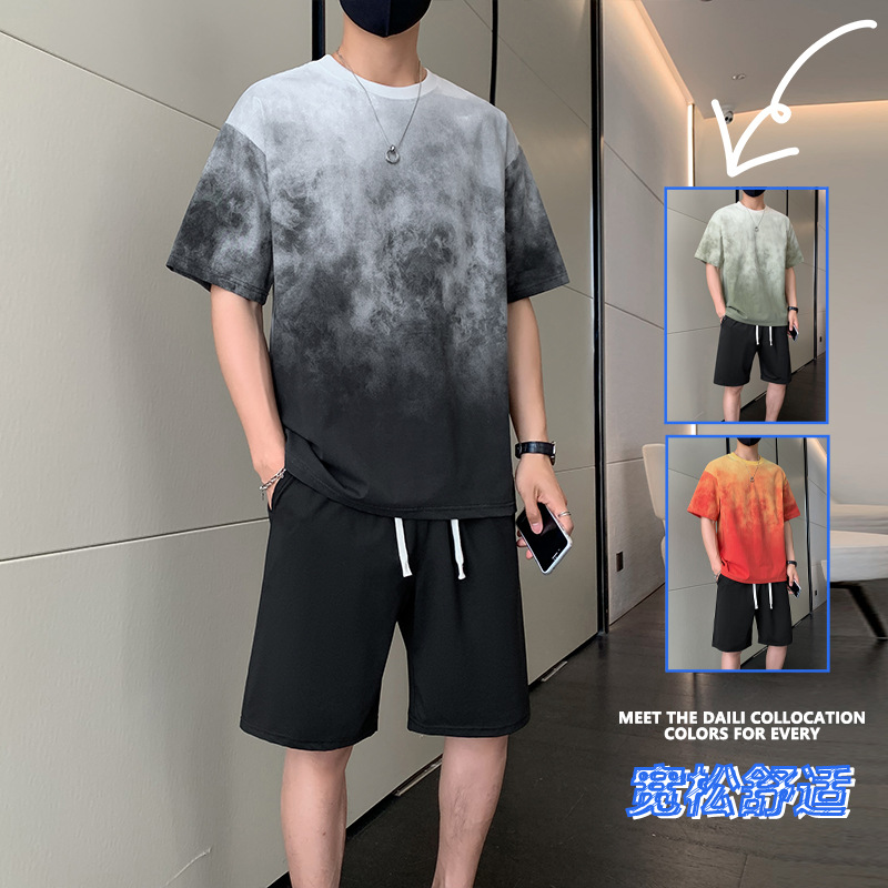 Tie-Dye Gradient Short-Sleeved T-Shirt Men's Summer Trendy American Heavyweight Breathable Youth Half-Sleeved Casual Sports Suit