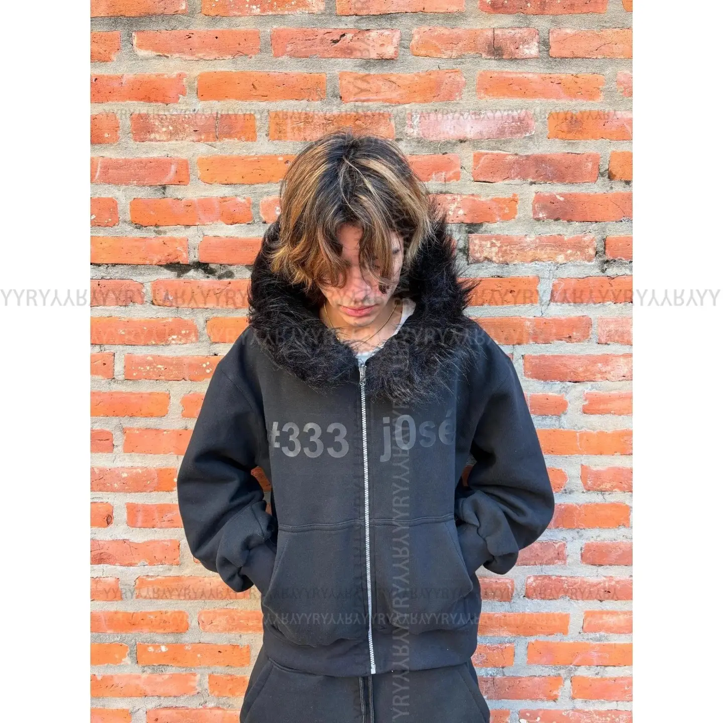 European and American Punk Camouflage Fuzzy Hat Zipper Sweatshirt and Sweatpants Set Long-Sleeve Pullover Hoodie Retro Jacket