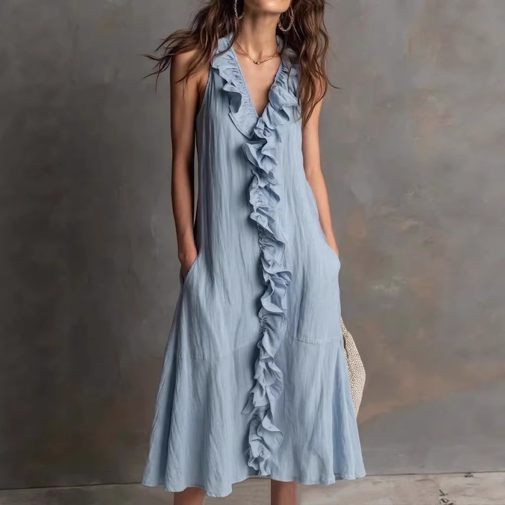 2026 European and American Cross-Border Amazon Casual Bohemian Style Urban V-Neck Short-Sleeved Ruffled Retro Dress