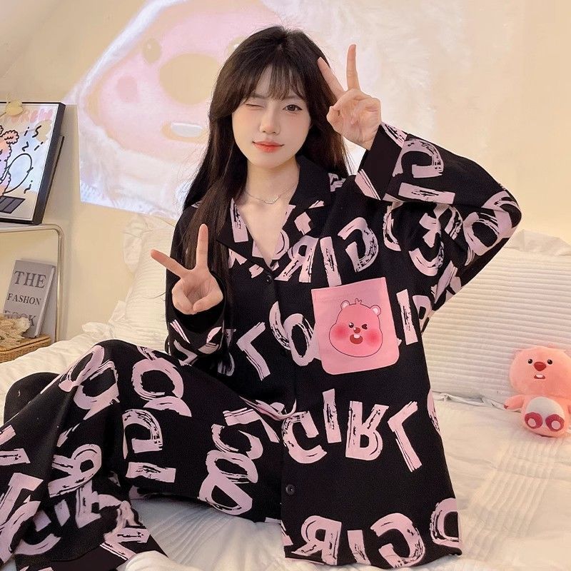 Plus size 300kg chubby girl pajamas female spring and autumn student cute ins long sleeve black home clothes suit winter
