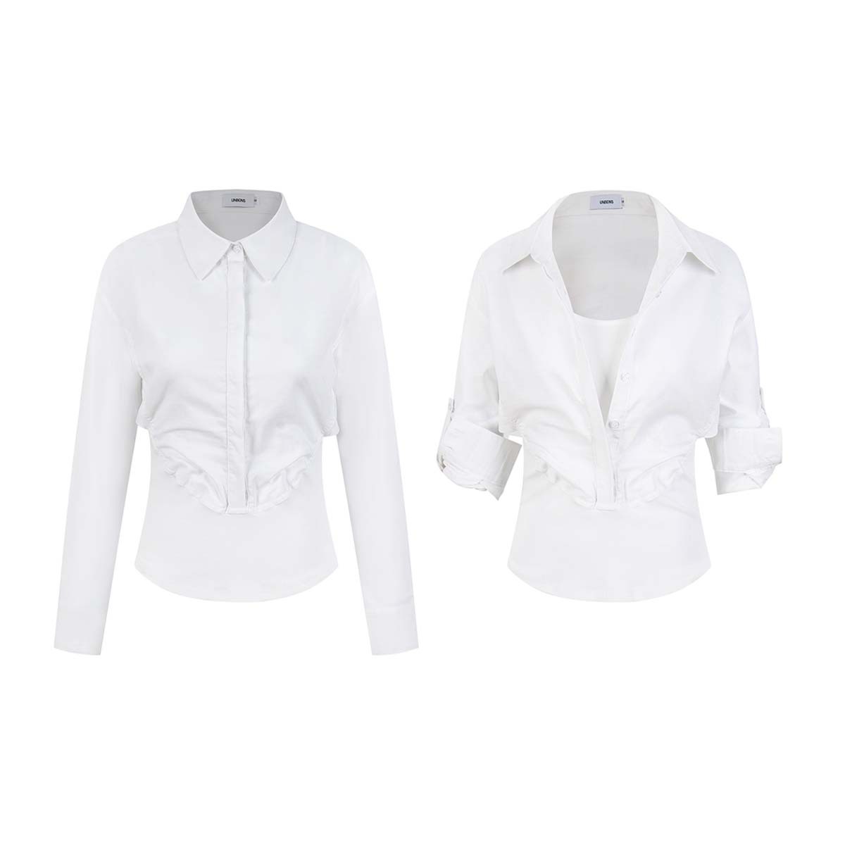 Unbdns American-Style Spicy Girl White One-Piece Waist-Cinching Shirt for Women, Spring and Summer Design, Faux Two-Piece Slim-Fit Polo Top